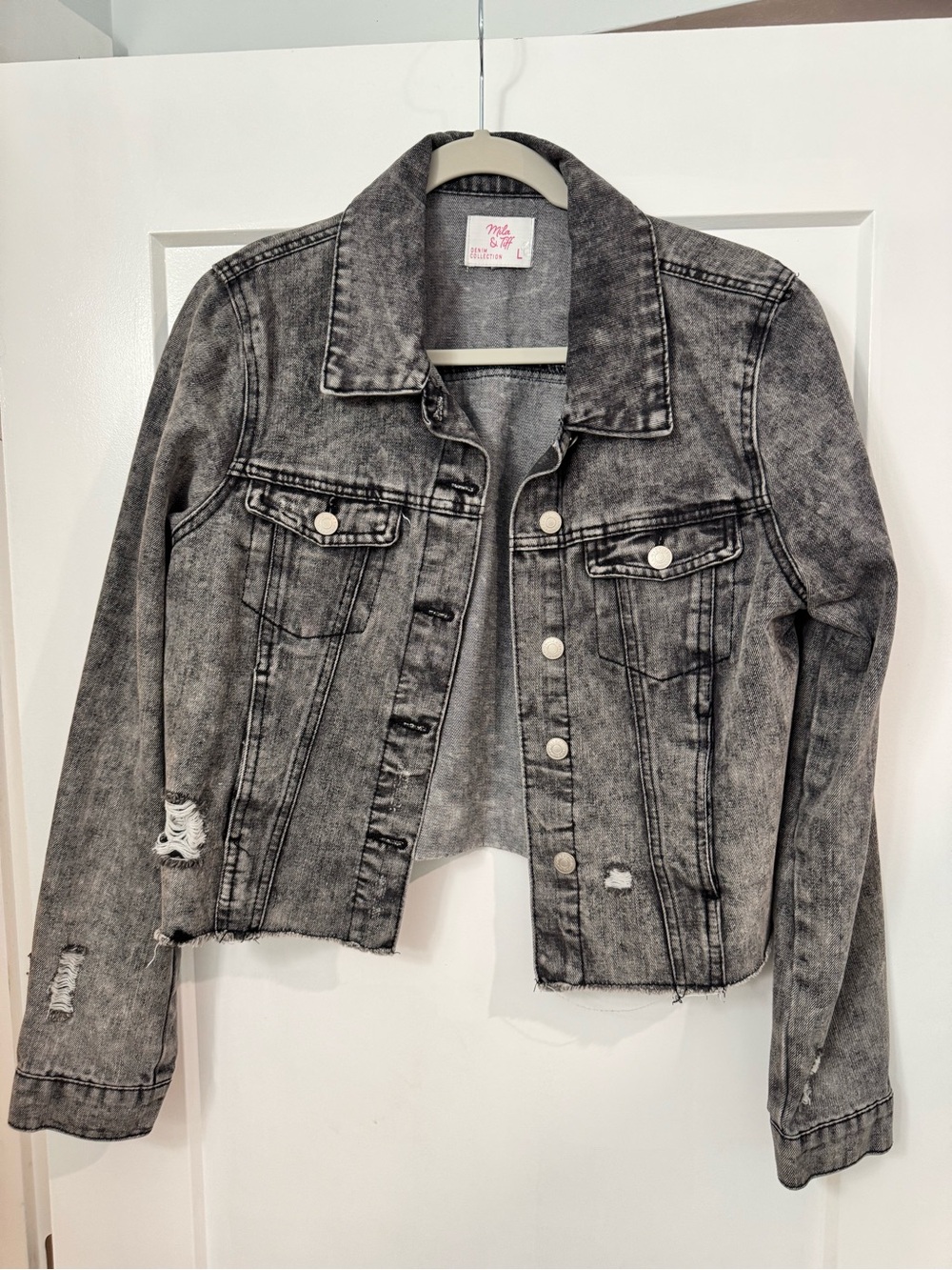 Mila & Tiff Womens Distressed stretch Gray Cropped Denim Jacket